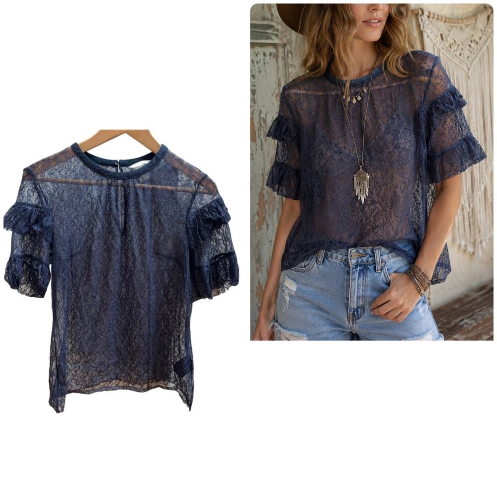 H&M Navy Blue Romantic Boho Sheer Lace Ruffle Sleeves Blouse Delicate Size 10